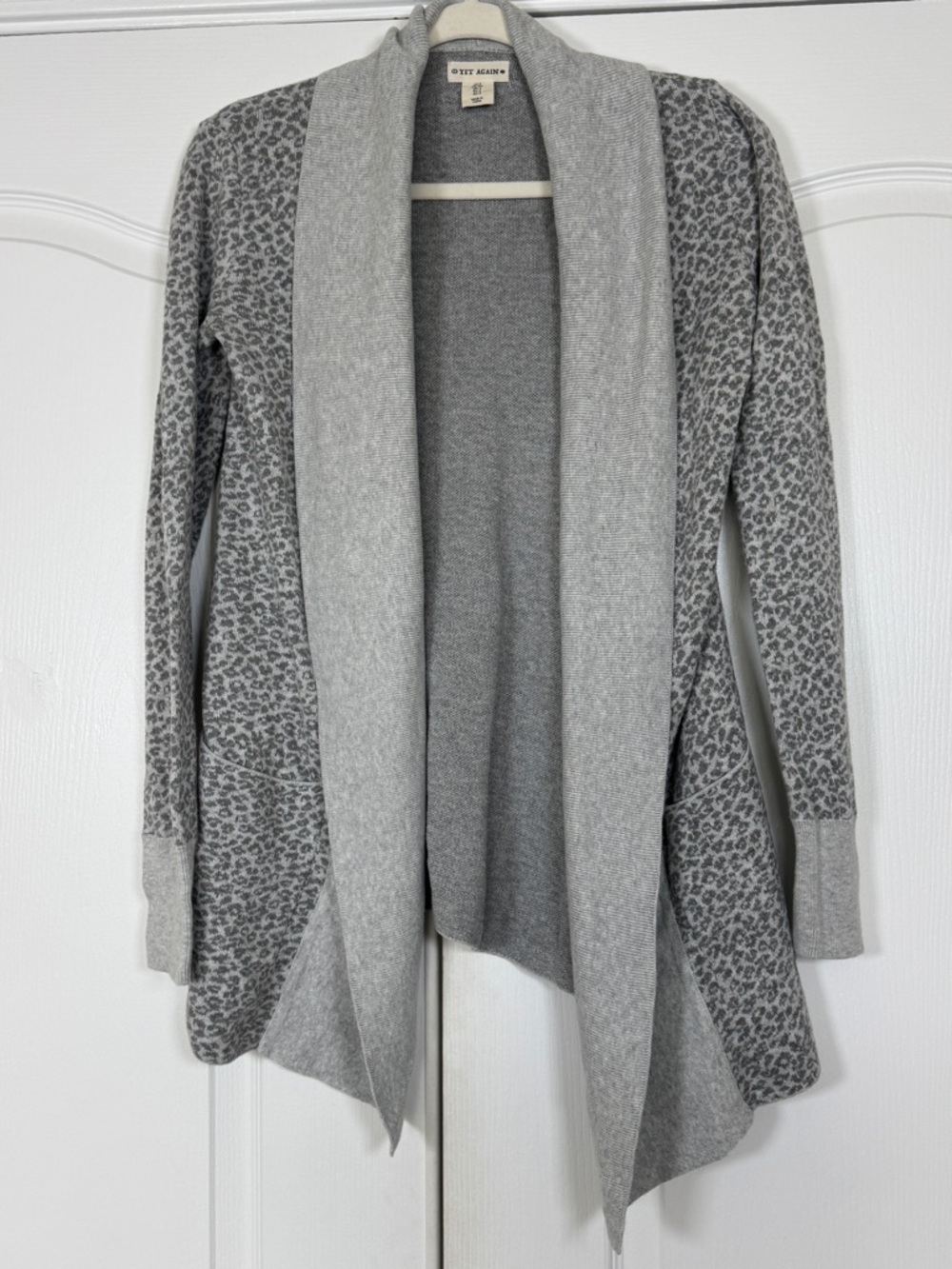 Yet Again Gray Leopard Print Open Front Draped Cardigan 100% Cotton Size Small
